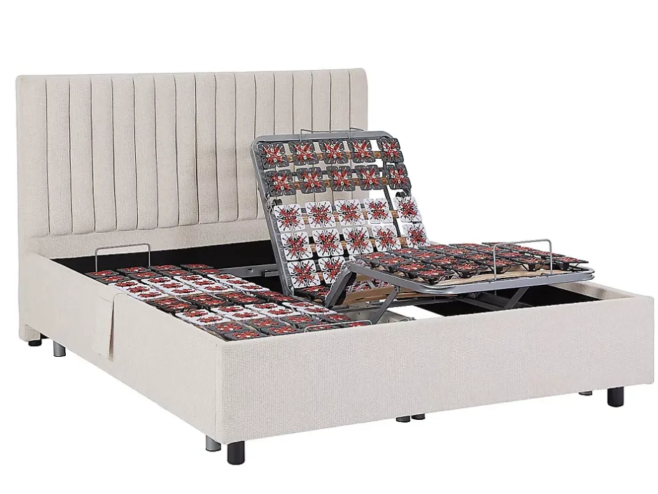 Vente-unique Lit électrique de relaxation déco tout plots + matelas ressorts ensachés et mémoire de forme - 2 x 80 x 200 cm - Tissu - Beige - Discount