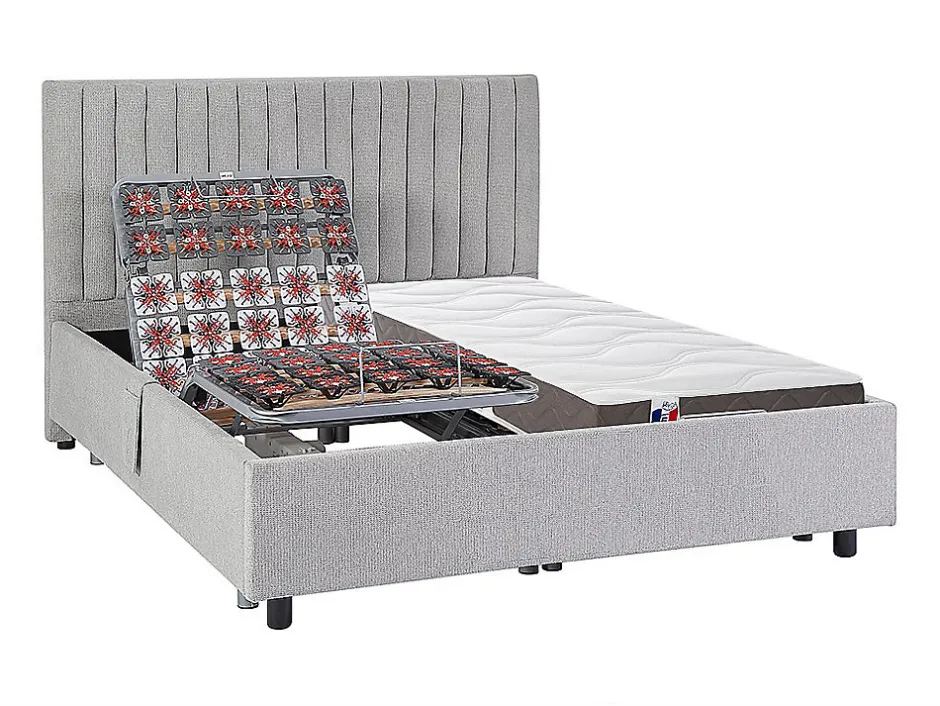 Vente-unique Lit électrique de relaxation déco tout plots + matelas 100% latex 3 zones - 2 x 70 x 190 cm - Tissu - Gris - TIARI de YSMÉE