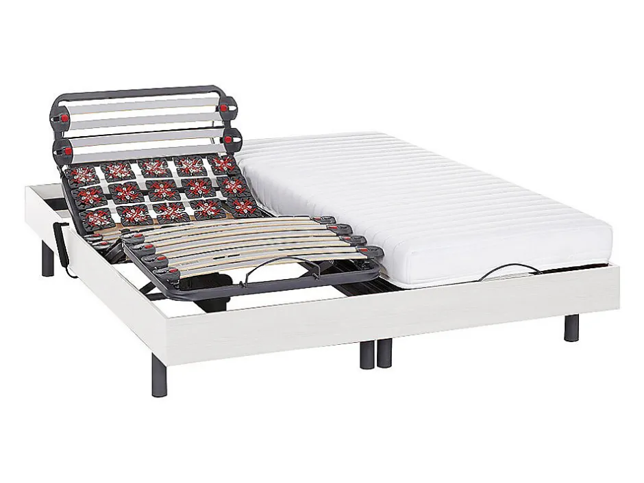 Vente-unique Lit électrique de relaxation lattes et plots + matelas accueil latex - 2 x 80 x 200 cm - Blanc - PANDORA II de YSMÉE