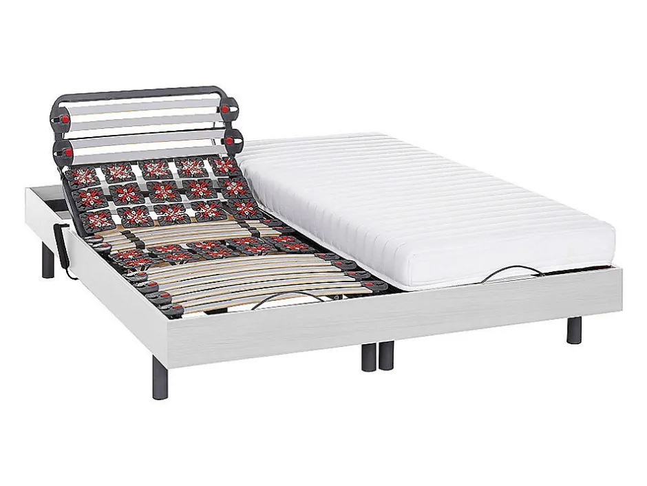 Vente-unique Lit électrique de relaxation lattes et plots + matelas accueil latex - 2 x 80 x 200 cm - Blanc - PANDORA II de YSMÉE