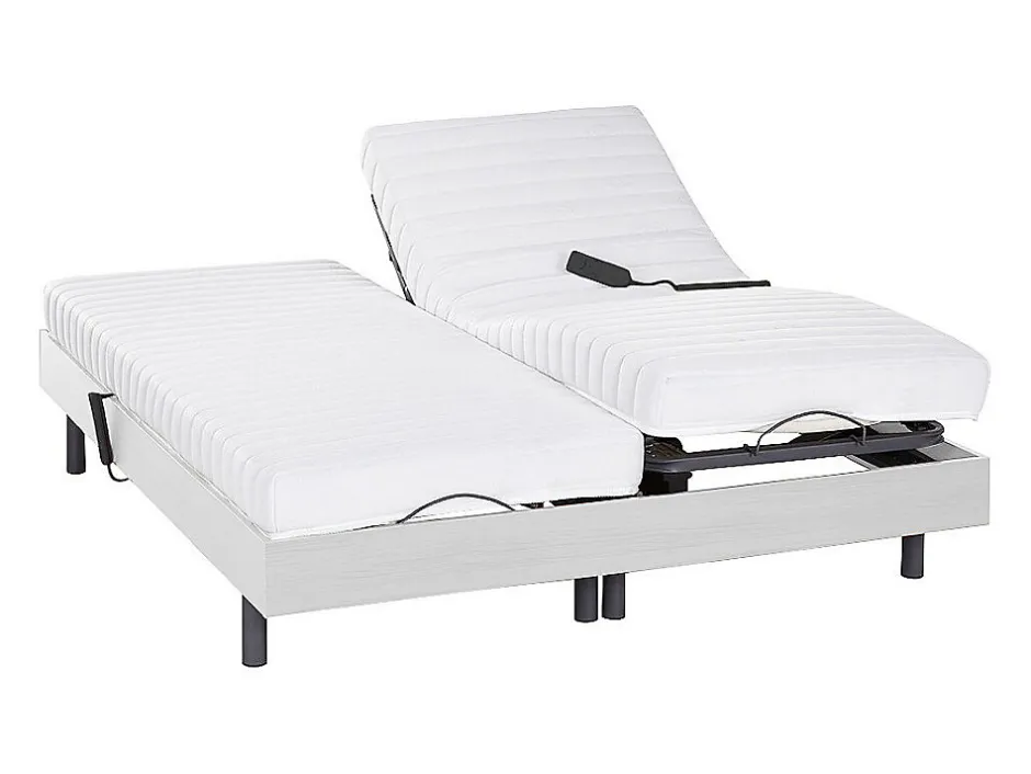 Vente-unique Lit électrique de relaxation lattes et plots + matelas accueil latex - 2 x 80 x 200 cm - Blanc - PANDORA II de YSMÉE