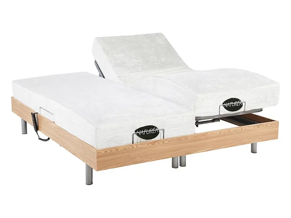 Vente-unique Lit électrique de relaxation tout plots + matelas mémoire de forme et bambou - 2 x 90 x 200 cm - Chêne - LYSIS III de NATUREA Discount