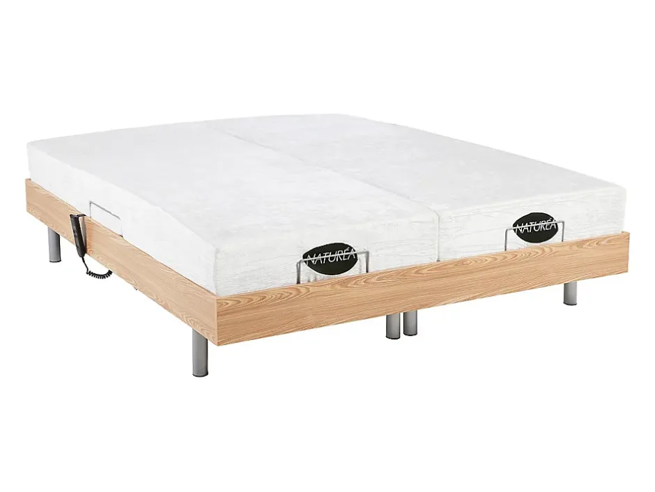Vente-unique Lit électrique de relaxation tout plots + matelas mémoire de forme et bambou - 2 x 90 x 200 cm - Chêne - LYSIS III de NATUREA Discount