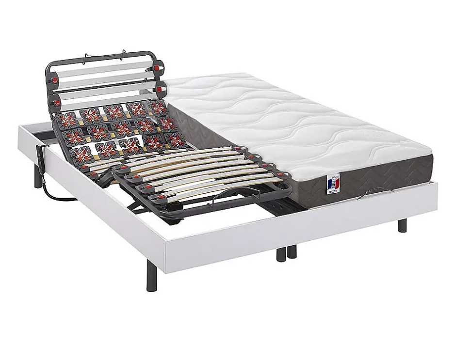 Vente-unique Lit électrique de relaxation lattes et plots + matelas 100% latex 3 zones - 2 x 80 x 200 cm - Blanc - MENELAS de YSMÉE Discount
