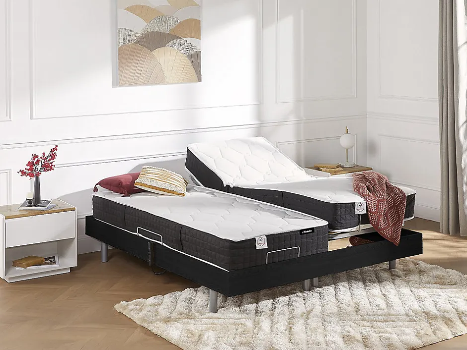 Vente-unique Lit électrique de relaxation tout plots + matelas ressorts ensachés et mémoire forme - 2 x 70 x 190 cm - Noir - PHANES de YSMÉE