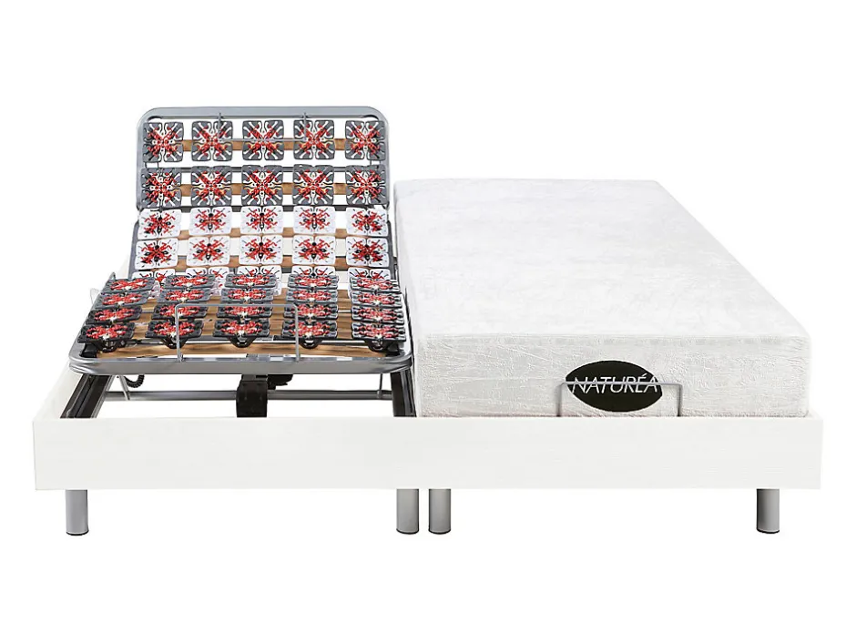 Vente-unique Lit électrique de relaxation tout plots + matelas mémoire de forme et bambou - 2 x 80 x 200 cm - Blanc - LYSIS III de NATUREA Outlet