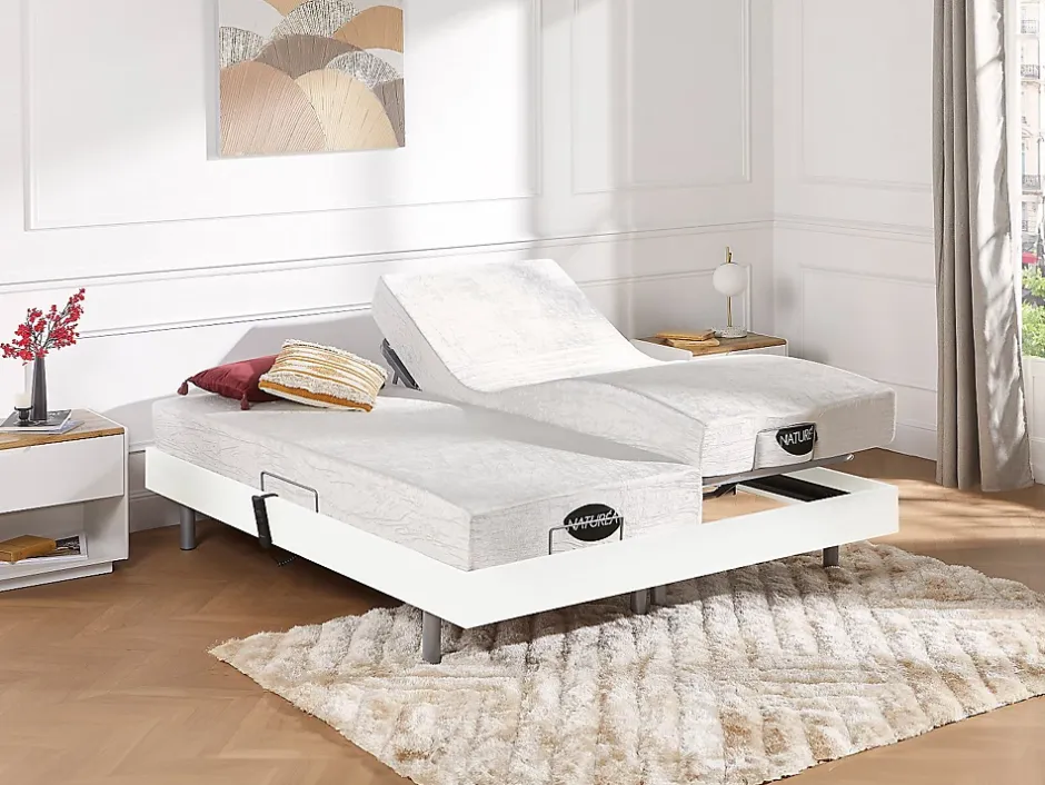 Vente-unique Lit électrique de relaxation tout plots + matelas mémoire de forme et bambou - 2 x 70 x 190 cm - Blanc - LYSIS III de NATUREA Clearance
