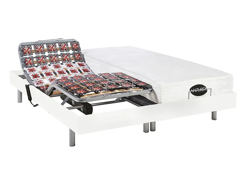 Vente-unique Lit électrique de relaxation tout plots + matelas mémoire de forme et bambou - 2 x 70 x 190 cm - Blanc - LYSIS III de NATUREA Clearance