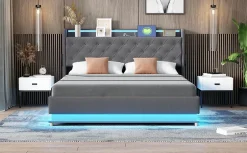 Redom Lit LED 160 par 200 cm avec port USB et rangement hydraulique tissu lin gris doux et respirant idéal pour adultes Clearance