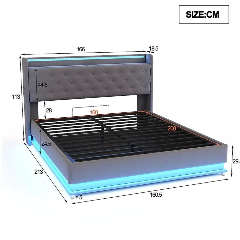 Redom Lit LED 160 par 200 cm avec port USB et rangement hydraulique tissu lin gris doux et respirant idéal pour adultes Clearance