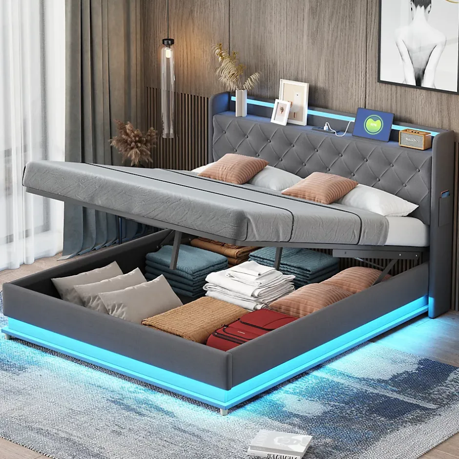 Redom Lit LED 160 par 200 cm avec port USB et rangement hydraulique tissu lin gris doux et respirant idéal pour adultes Clearance
