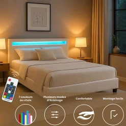 Idimex Lit LED double PINOT 140x190 cm, avec sommier, revêtement synthétique blanc