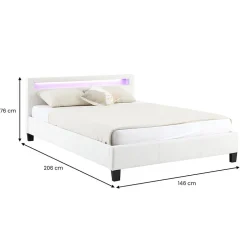Idimex Lit LED double PINOT 140x190 cm, avec sommier, revêtement synthétique blanc
