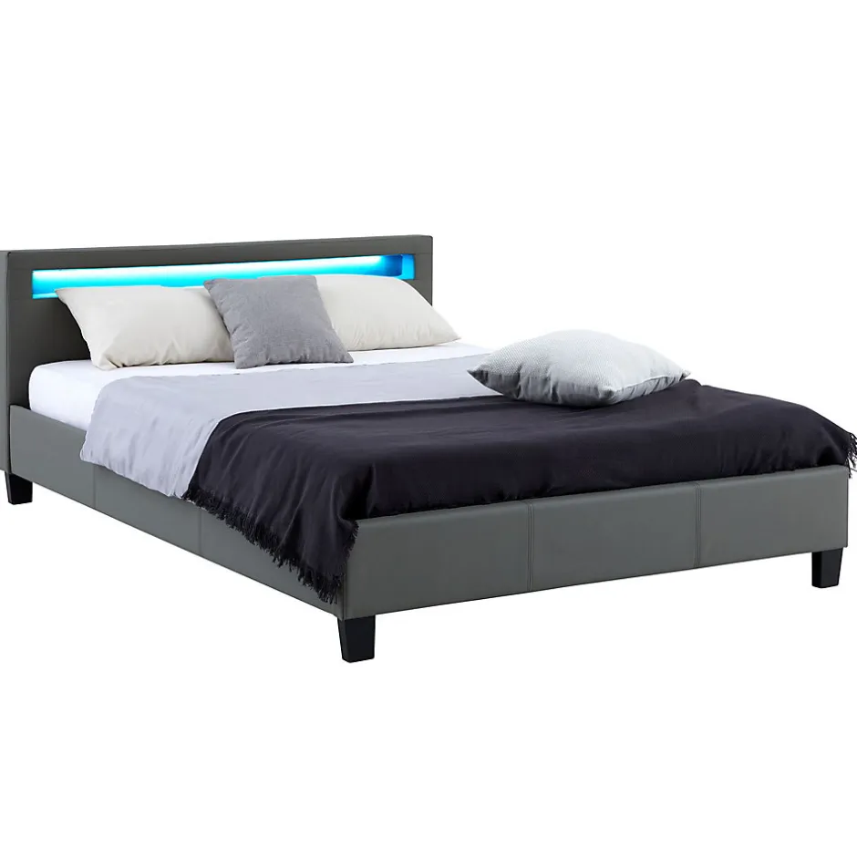 Idimex Lit LED double PINOT 140x190 cm, avec sommier, revêtement synthétique gris