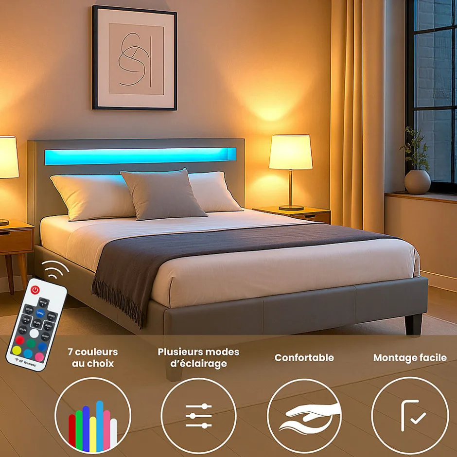 Idimex Lit LED double PINOT 140x190 cm, avec sommier, revêtement synthétique gris