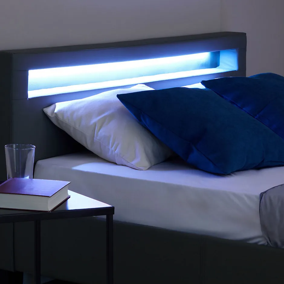 Idimex Lit LED double PINOT 140x190 cm, avec sommier, revêtement synthétique gris