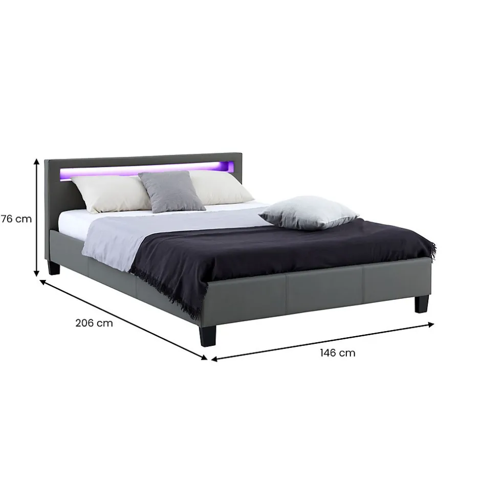 Idimex Lit LED double PINOT 140x190 cm, avec sommier, revêtement synthétique gris