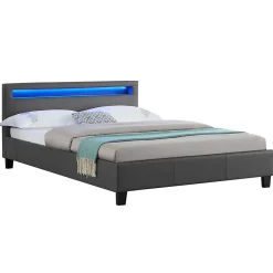 Idimex Lit LED double RIOJA 140x190 cm, avec sommier, revêtement tissu gris