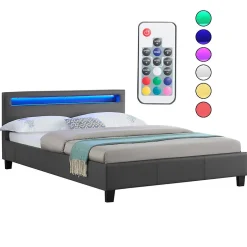 Idimex Lit LED double RIOJA 140x190 cm, avec sommier, revêtement tissu gris
