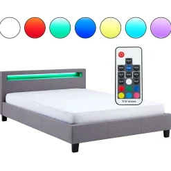 Idimex Lit LED double RIOJA 140x190 cm, avec sommier, revêtement tissu gris
