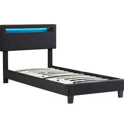 Idimex Lit LED simple AUSTIN 90x190 cm, avec sommier, revêtement en tissu noir