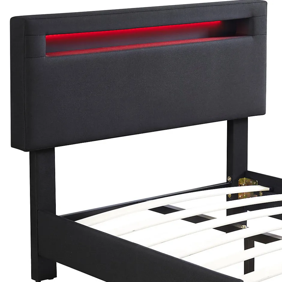 Idimex Lit LED simple AUSTIN 90x190 cm, avec sommier, revêtement en tissu noir
