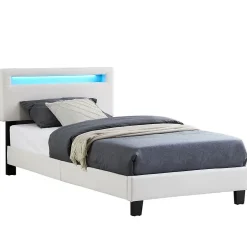 Idimex Lit LED simple AUSTIN 90x190 cm, avec sommier, revêtement en tissu blanc