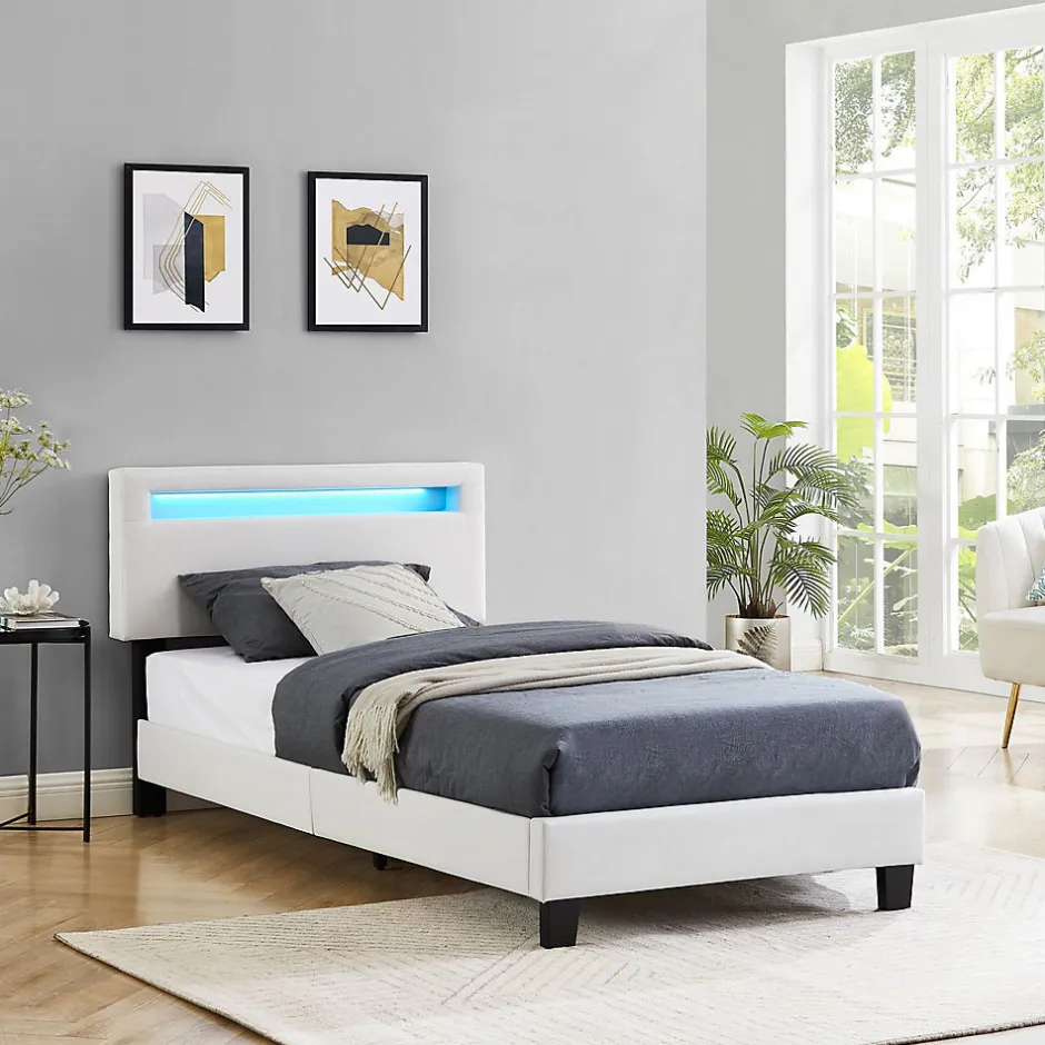 Idimex Lit LED simple AUSTIN 90x190 cm, avec sommier, revêtement en tissu blanc