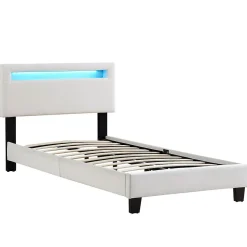 Idimex Lit LED simple AUSTIN 90x190 cm, avec sommier, revêtement en tissu blanc