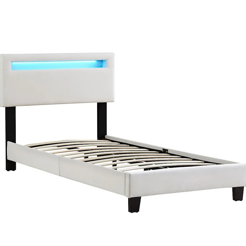 Idimex Lit LED simple AUSTIN 90x190 cm, avec sommier, revêtement en tissu blanc