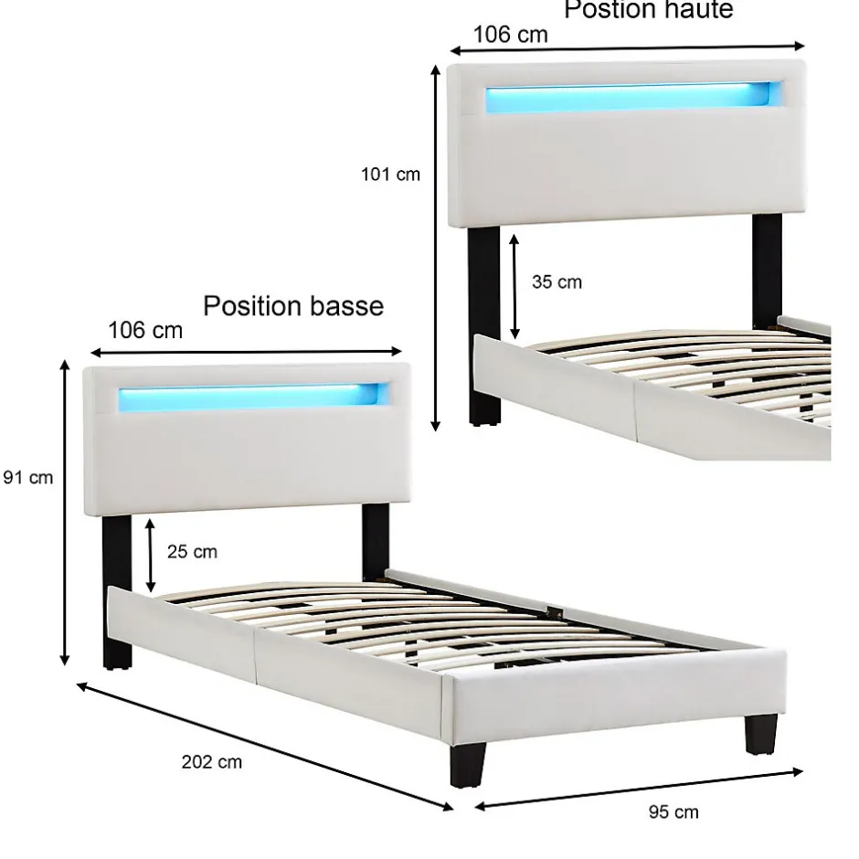Idimex Lit LED simple AUSTIN 90x190 cm, avec sommier, revêtement en tissu blanc
