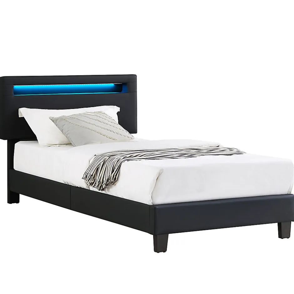 Idimex Lit LED simple EVAN 90x190 cm, avec sommier, revêtement en synthétique noir