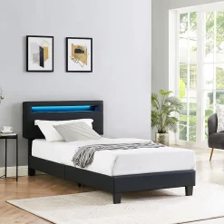 Idimex Lit LED simple EVAN 90x190 cm, avec sommier, revêtement en synthétique noir