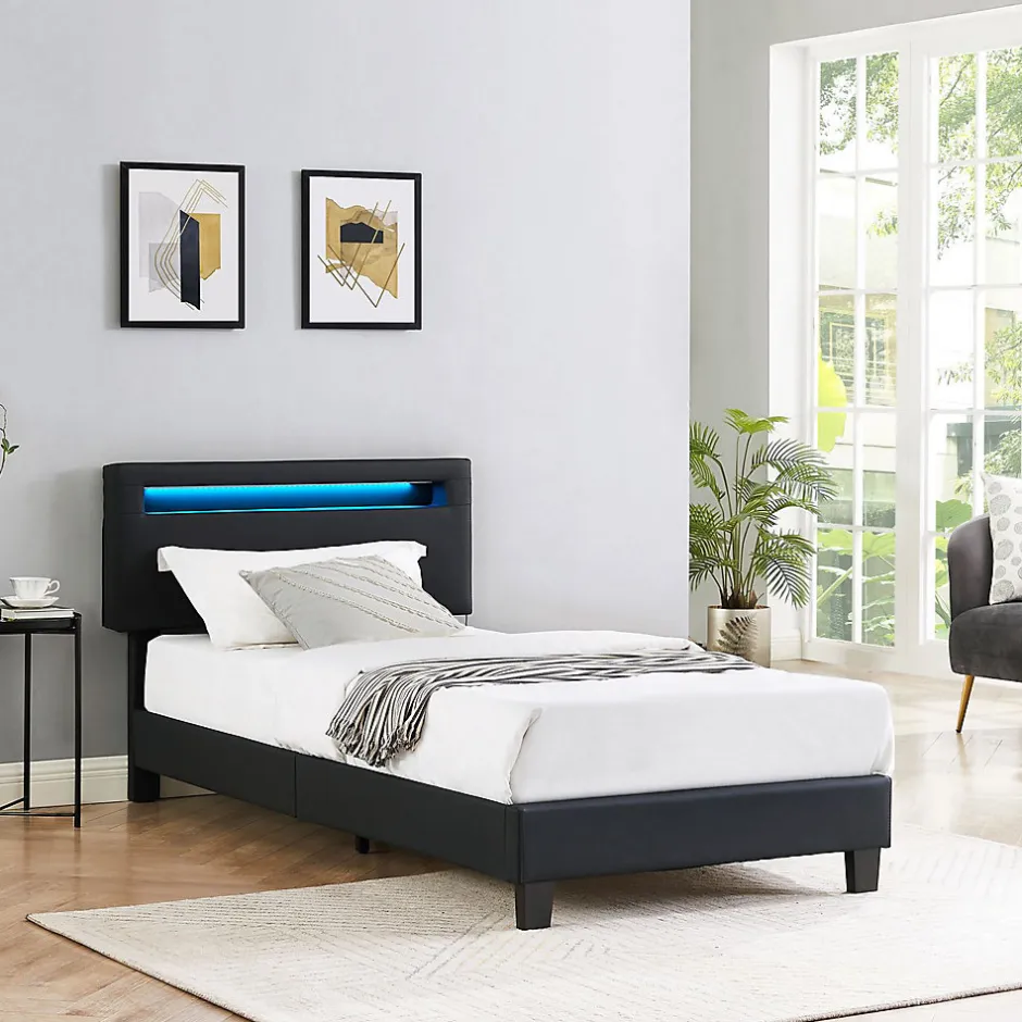 Idimex Lit LED simple EVAN 90x190 cm, avec sommier, revêtement en synthétique noir