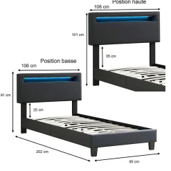 Idimex Lit LED simple EVAN 90x190 cm, avec sommier, revêtement en synthétique noir