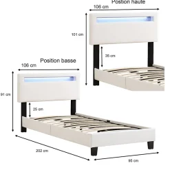 Idimex Lit LED simple EVAN 90x190 cm, avec sommier, revêtement en synthétique blanc