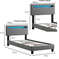 Idimex Lit LED simple EVAN 90x190 cm, avec sommier, revêtement en synthétique gris