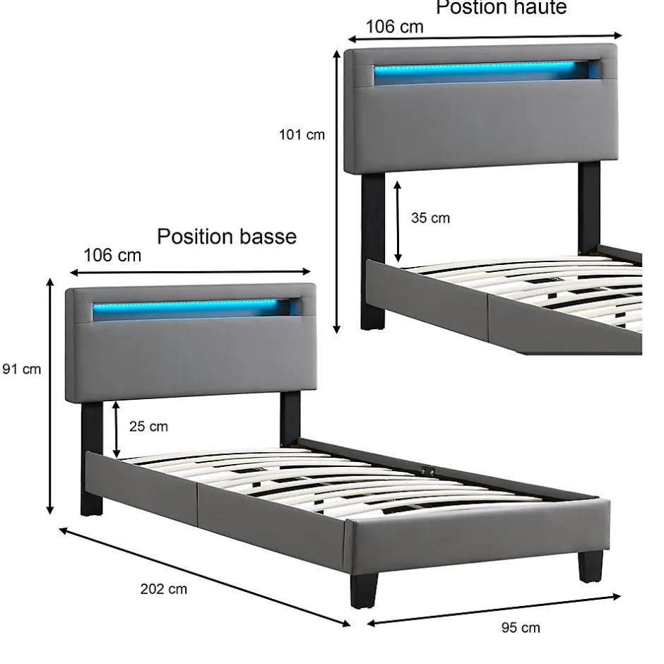Idimex Lit LED simple EVAN 90x190 cm, avec sommier, revêtement en synthétique gris