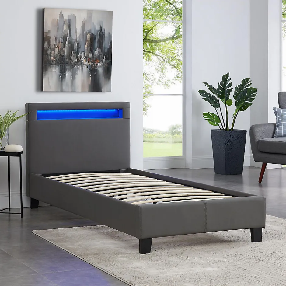 Idimex Lit LED simple LUCENO 90x190 cm, avec sommier, revêtement synthétique gris