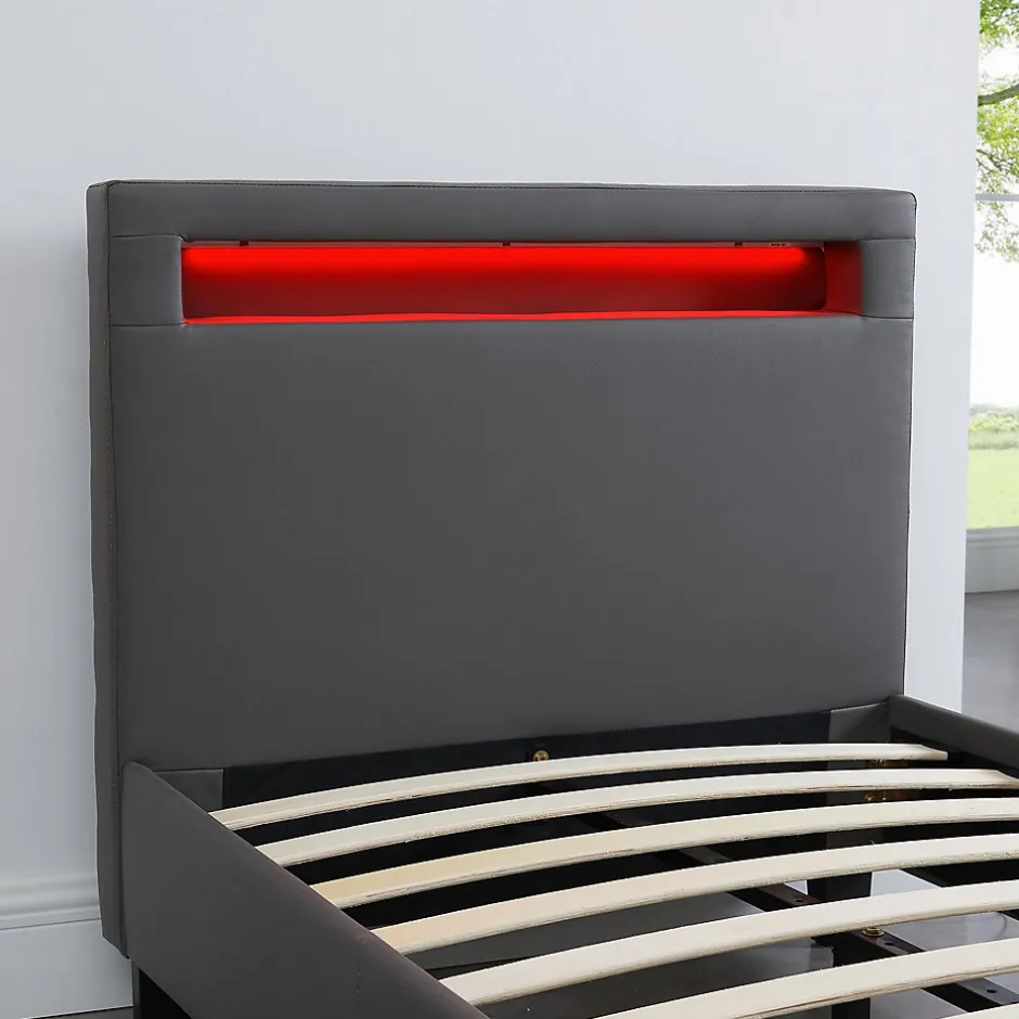 Idimex Lit LED simple LUCENO 90x190 cm, avec sommier, revêtement synthétique gris