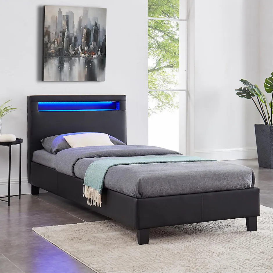 Idimex Lit LED simple LUCENO 90x190 cm, avec sommier, revêtement synthétique noir
