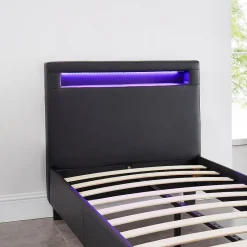 Idimex Lit LED simple LUCENO 90x190 cm, avec sommier, revêtement synthétique noir