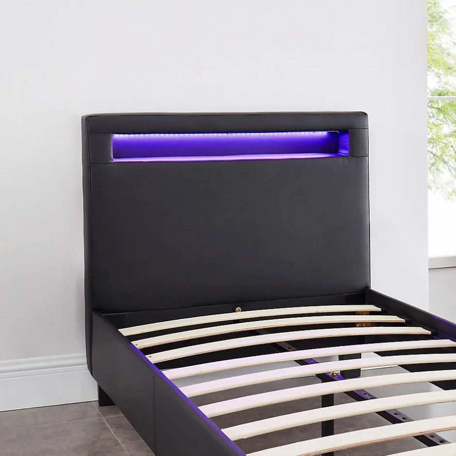 Idimex Lit LED simple LUCENO 90x190 cm, avec sommier, revêtement synthétique noir