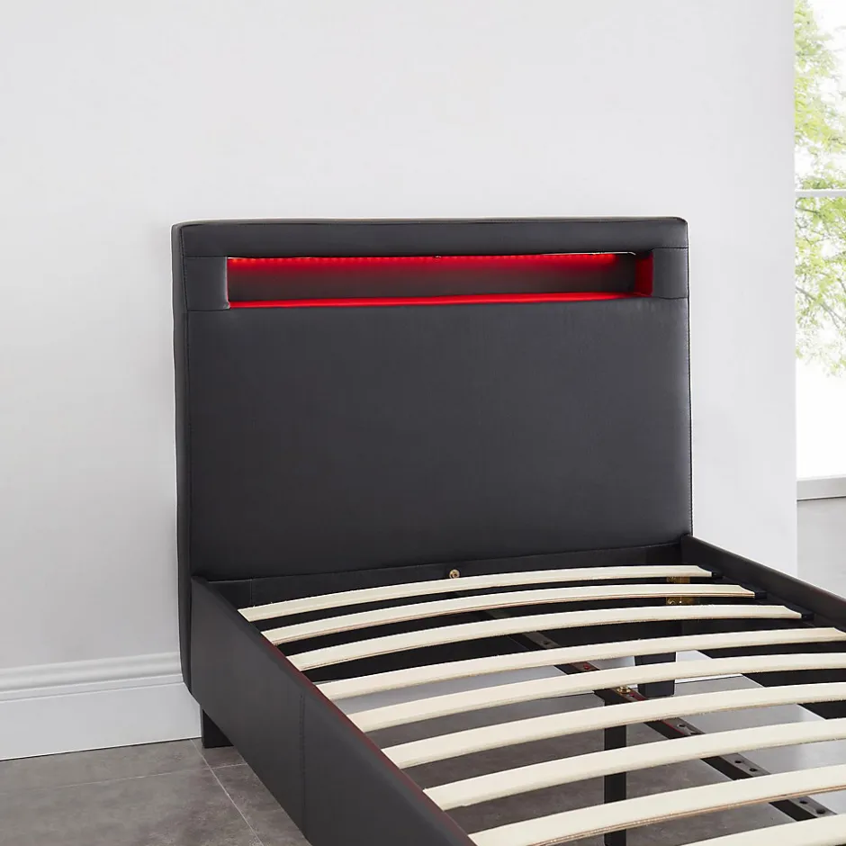 Idimex Lit LED simple LUCENO 90x190 cm, avec sommier, revêtement synthétique noir