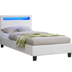 Idimex Lit LED simple LUCENO 90x190 cm, avec sommier, revêtement synthétique blanc
