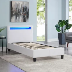Idimex Lit LED simple LUCENO 90x190 cm, avec sommier, revêtement synthétique blanc