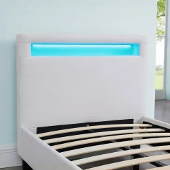 Idimex Lit LED simple LUCENO 90x190 cm, avec sommier, revêtement synthétique blanc