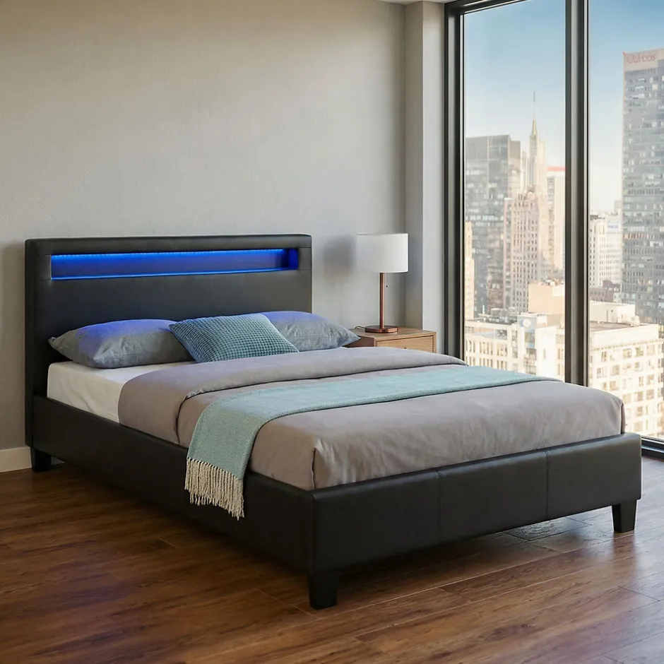 Idimex Lit LED simple MIRANDO 120x190 cm, avec sommier, revêtement synthétique noir