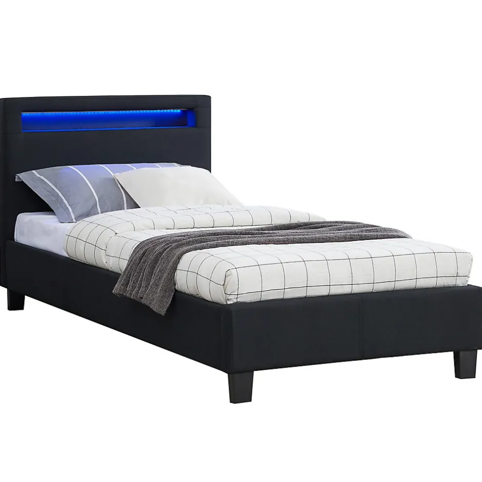 Idimex Lit LED simple MOLINA 90x190 cm, avec sommier, revêtement tissu noir