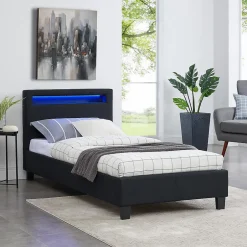 Idimex Lit LED simple MOLINA 90x190 cm, avec sommier, revêtement tissu noir